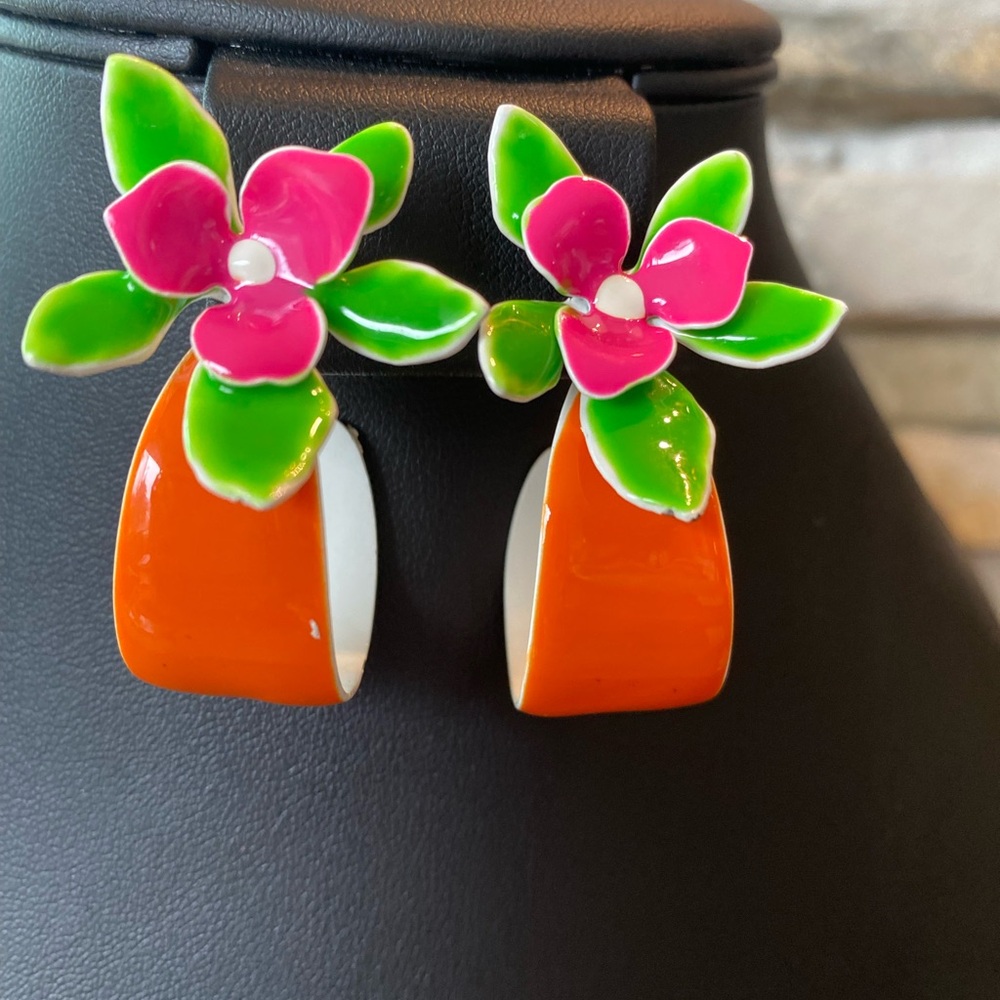 Earrings Colorful Vibrant Floral Enamel Hoops Retro 80’s Pierced Statement